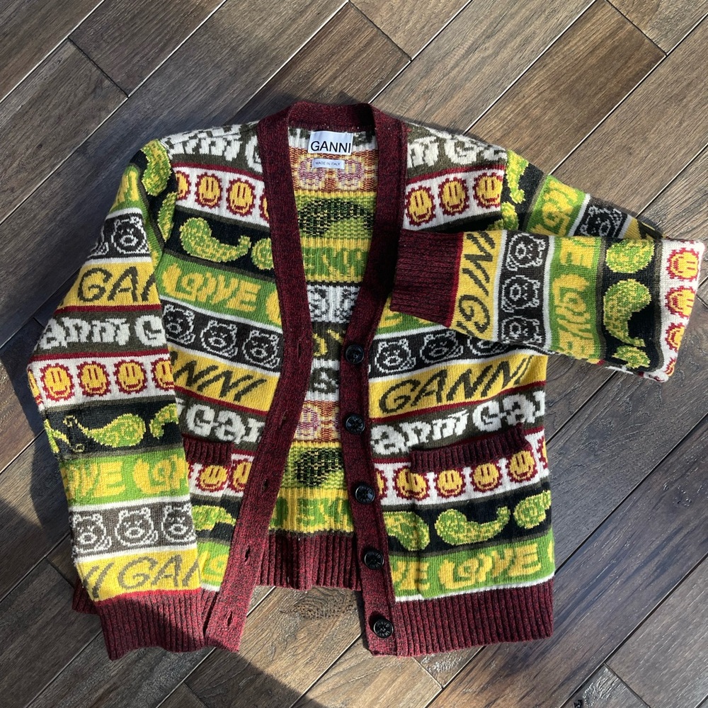 Ganni Multicolor Patterned Cardigan - Burgundy Trim, Yellow, Green, Black